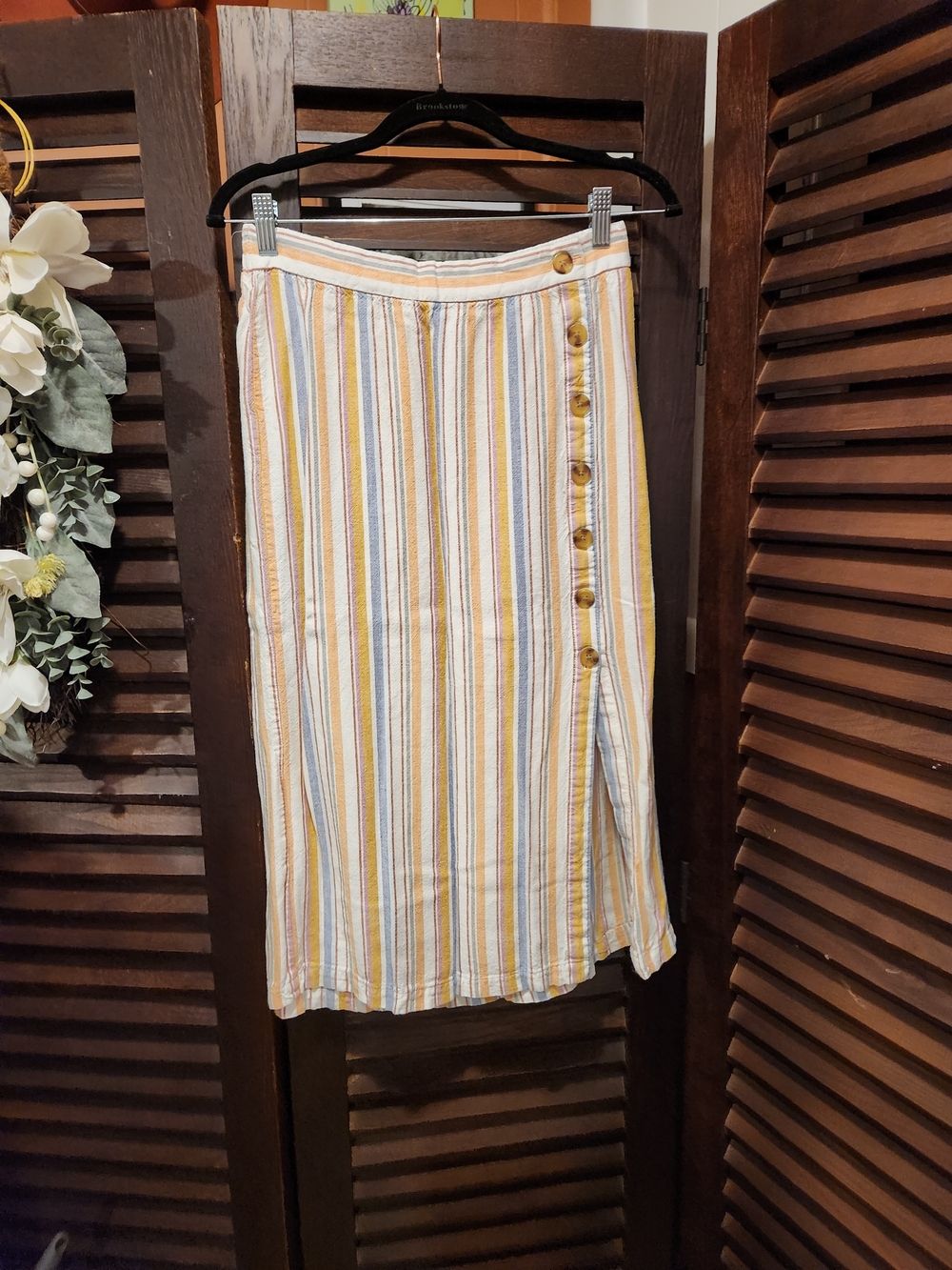 Striped Button-Front Midi Skirt - White & Yellow